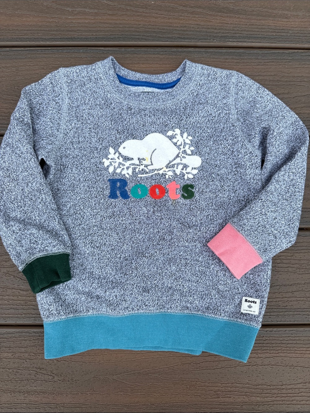 Roots Kids Heather Grey Sweatshirt with Blue, Pink & Green Accents